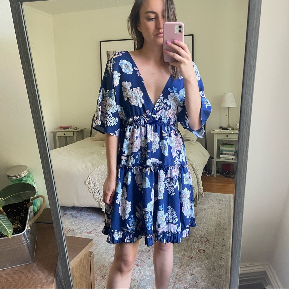 V Neck Floral Mini Dress